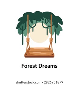 Wooden swing hanging from a tree with lush green leaves and a large moon background, flat for forest, dreams concept