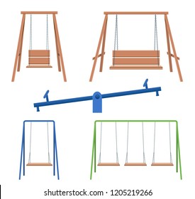 Wooden swing isolated on white background. brown and blue swing in flat style.  Set Vector illustration.