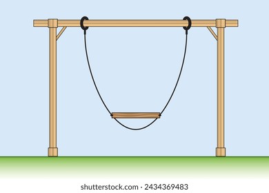 Wooden swing. Rope swing. The subject of angles in geometry. Gravity and center of mass. Simple harmonic motion. Back and forth oscillation. Kids playground.