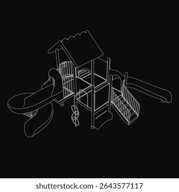 A wooden swing set with a slide stands in stark black and white, drawn with clean lines against a dark background. The playground equipment features sturdy chains, a simple slide, and a classic.