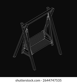 Wooden swing with a sturdy frame, slatted seat, and light-colored legs stands out against a deep black background. The 3D model highlights clean lines and a minimalist design, perfect for modern.
