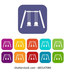 Wooden swings hanging on ropes icons set