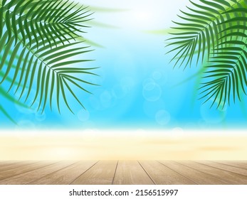 Wooden table against the backdrop of a summer tropical landscape with sea and beach. Vector illustration