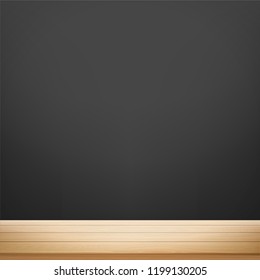 Wooden table against the background of a black wall for chalk. Stock vector illustration.