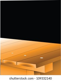 A wooden table against a wall in the studio. Vector illustration.
