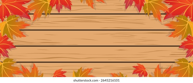 Wooden table with autumn leaves. Autumn background with wooden table and beautiful leaves on the edges for design. Wooden table and frame of autumn leaves, vector illustration.