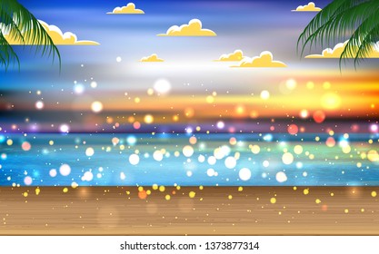 wooden table at the beach in sunset