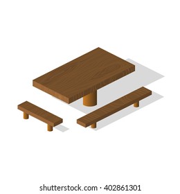 Wooden table and bench 3d isometric elements on a white background