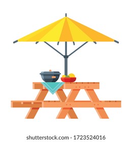 Wooden Table with Benches and Sunshade Umbrella, Modern Garden Furniture Design Flat Vector Illustration