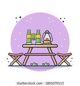 Wooden Table With Binocular and Lamp Vector Illustration. Chill, Relax, Wood, Table, Nature.  Flat Cartoon Style Suitable for Sticker, Wallpaper, Icon, Landing Page, Web.