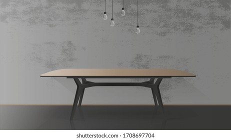 Wooden table with black metal base. Empty table, gray, concrete wall. Vector illustration