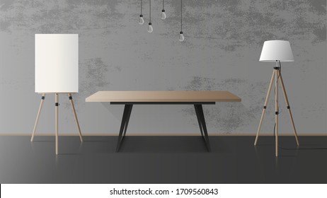 Wooden Table With Black Metal Base. Empty Table, Wooden Easel, Floor Lamp, Gray, Concrete Wall. Vector Illustration