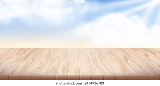 Mesa de madera y cielo azul con nubes. Fondo de picnic de verano o primavera. Mesa de comida de espacio vacío. Fondo de publicidad de mesa