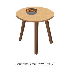 A wooden table with a bowl of food on it. The bowl is filled with various types of food, including carrots and potatoes.