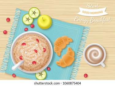 Wooden table with breakfast atmeal porridge with berries, croissants, coffee with foam, apple, apple slices on a napkin. Food, bakery, drink, fruits. Top view. Vector illustration.