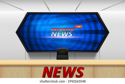 wooden table and breaking news on lcds background in the news studio room	