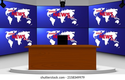 wooden table and breaking news on lcds background in the news studio room	