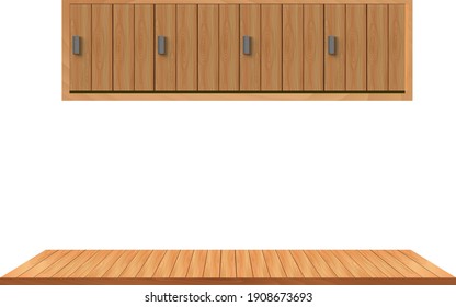 wooden table and wooden cabinet in the white kidchen room