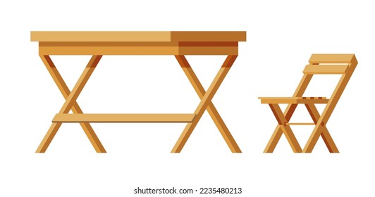 Wooden table and chair for sitting and spending time outdoors. Isolated practical and durable furniture for home, garden or porch, terrace or lodge. Outdoors exterior design. Vector in flat style