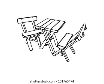 Wooden table and chairs in garden vector