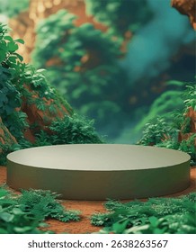 Wooden Table Circle View with Tea Plantation and Sky Background - Empty Round Wooden Table with Blurred Green Tea Field Landscape - Circle Wooden Table Top with Tea Plantation and Blue Sky Background