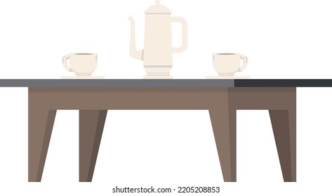 Wooden table with coffee cups and teapot. Lunch icon