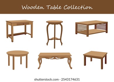 wooden table collection in different poses. Vector illustration.