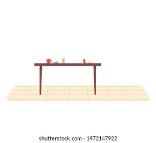 Wooden table with colored sweets, red cup with coffee, glass of juice with straw, and dice. Brown table with beverages on white background. Desk for family game. Vector illustration of furniture