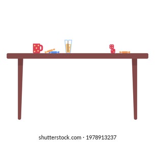 Mesa de madera con caramelos de colores, taza roja con café, vaso de jugo con paja y dados. Mesa marrón con bebidas de fondo blanco. Escritorio para juego familiar. Ilustración vectorial del mobiliario