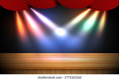 wooden table with colorful spotlight  in the studio room