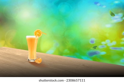 Wooden table corner perspective view with orange juice on summer or spring blurred background. Wooden surface of desk, outdoor table with falling down leaves. Realistic 3d vector.
