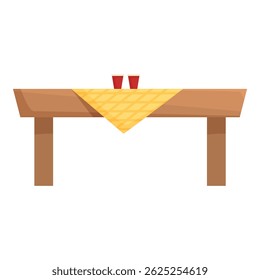 Wooden table covered with yellow checkered tablecloth and two red cups standing on top, isolated on white background