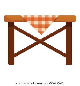 Wooden table with crossed legs supporting a rectangular top covered with a red checkered tablecloth