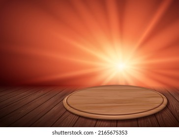 Wooden table display background. 3D Illustration of a wooden round plate on wooden surface with sunburst on red background