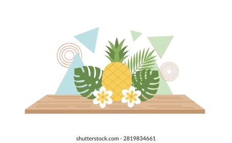 Wooden table display featuring a fresh pineapple, monstera leaves, white flowers, and geometric shapes.