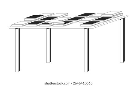 Wooden table displaying stacked library books 2D line object. Study area. Reading corner. Literature. Novels showcase textbooks isolated clipart vector ink outline item. Monochrome spot illustration