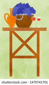 Wooden table with earthen jar, straw basket full of grapes and two glasses with red wine. Still life picnic, harvest festival concept vector illustration. Flat cartoon bunner for farm festival