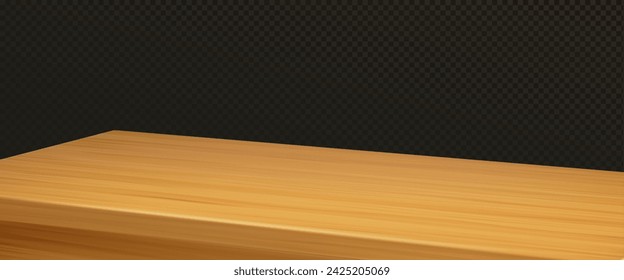 Wooden table with empty countertop on transparent background. Realistic 3d vector illustration of angle perspective view on desk with wood texture surface. Kitchen or office furniture mockup.