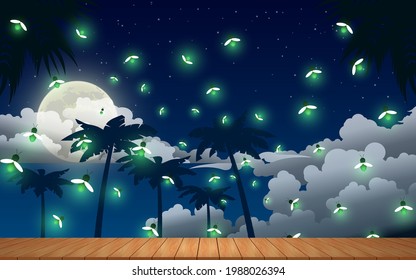 wooden table and firefly flying in the jungle in the full moon night