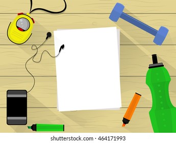 Wooden table with fitness facilities , list of paper, mobile phone, felt pen and bottle of water. Flat design