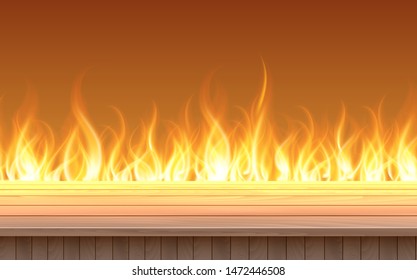 wooden table with flame background