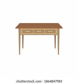 Wooden table in flat cartoon style. Trendy collections decoration for cozy apartment and workplace in interior isolated in white background. Vector illustration