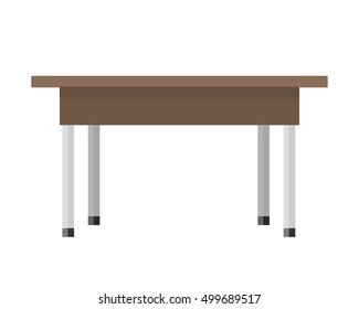 Wooden table in flat. Illustration of a classical brown wooden table with steel legs. Empty wooden deck table. Table icon. Isolated vector illustration on white background.