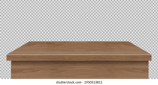 Mesita de madera en primer plano, vista frontal de la mesa, contraparte rústica marrón de la superficie de madera. Mesa de comedor retro o textura de tablón aislada sobre fondo transparente, maqueta 3d vectorial realista