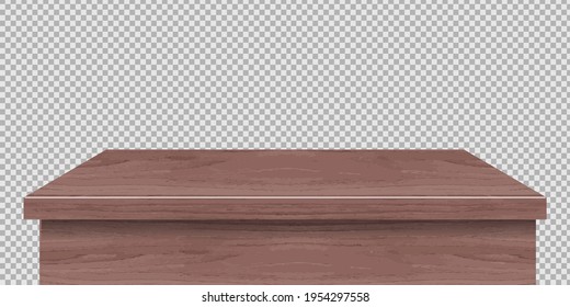 Wooden table foreground, tabletop front view, brown rustic countertop of wood surface. Retro dining desk or plank texture isolated on transparent background, realistic 3d vector mock up