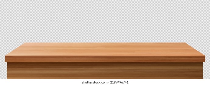 Wooden table foreground, tabletop front view, brown rustic countertop of wood surface. Retro dining desk or plank texture isolated on transparent background, realistic 3d vector mock up	