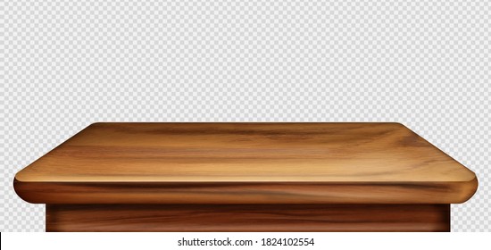 Wooden table foreground, vintage tabletop front view, old brown rustic countertop of wood surface. Retro dining desk or plank texture isolated on transparent background, realistic 3d vector mock up