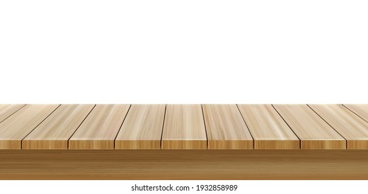 Wooden Table Foreground, Wood Tabletop Front View, Light Brown Rustic Countertop Surface. Outdoor Dining Desk Plank Texture Isolated On White Background, Realistic 3d Vector Illustration, Mock Up