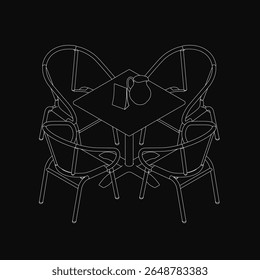A wooden table with four matching chairs arranged around it, featuring a simple yet elegant black and white line drawing style. A slender jug stands on the table, enhancing the minimalist composition.
