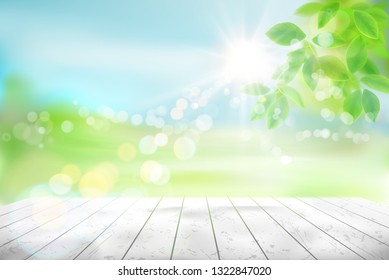 Wooden table. Fresh green tree leaves. Green meadow. Nature background. Vector illustration.